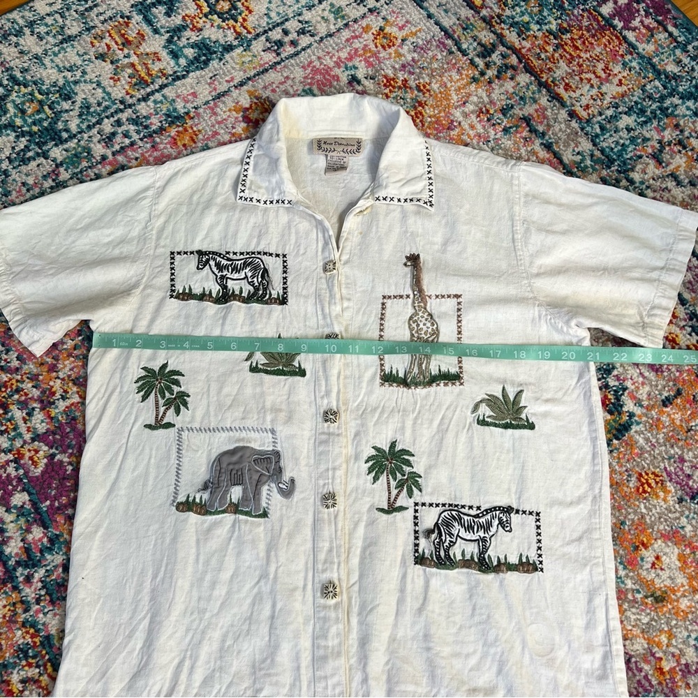 VTG New Directions‎ Safari Print Embroidered Button Shirt Large Linen Cotton - Picture 15 of 16